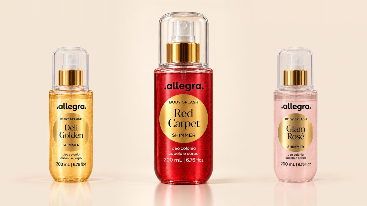 Body Splash Shimmer Allegra Deli Golden, Red Carpet e Glam Rosé, com o Red Carpet em destaque