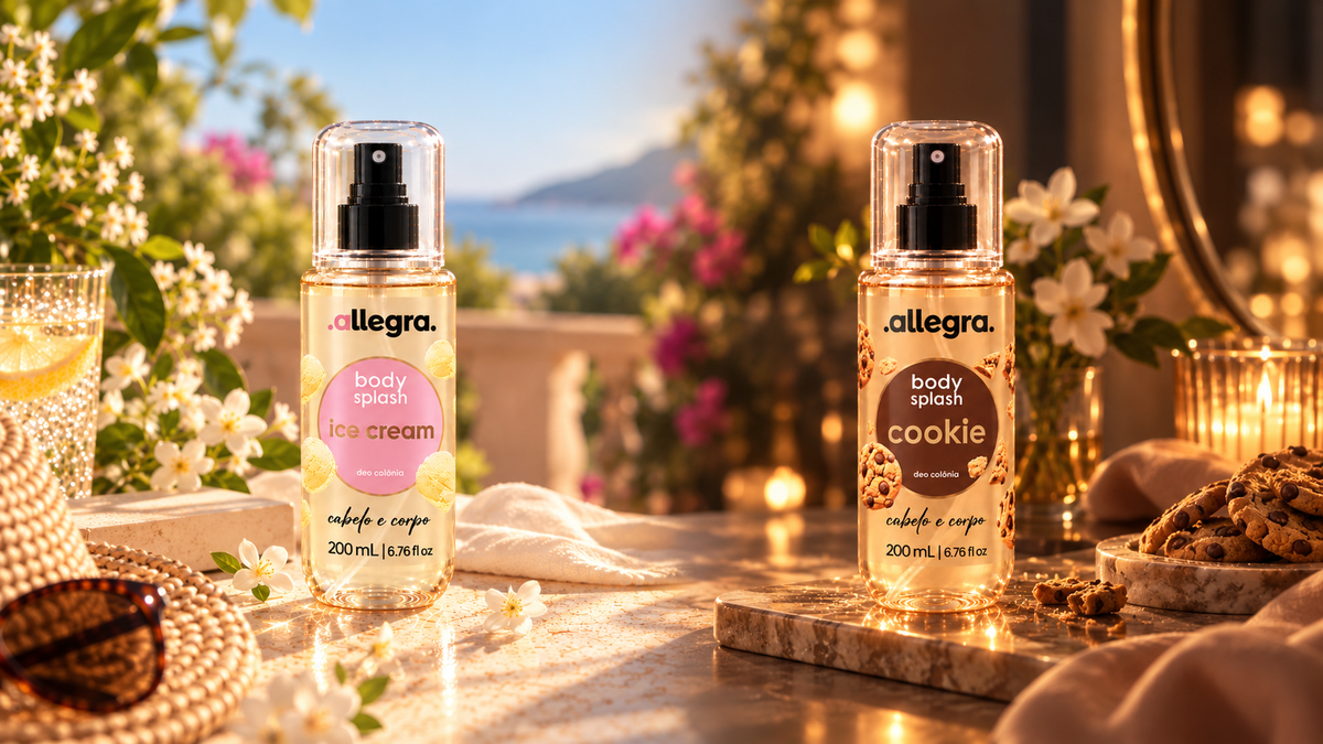 Perfumes para o dia e para a noite em cenário dividido entre luz clara e dourada
