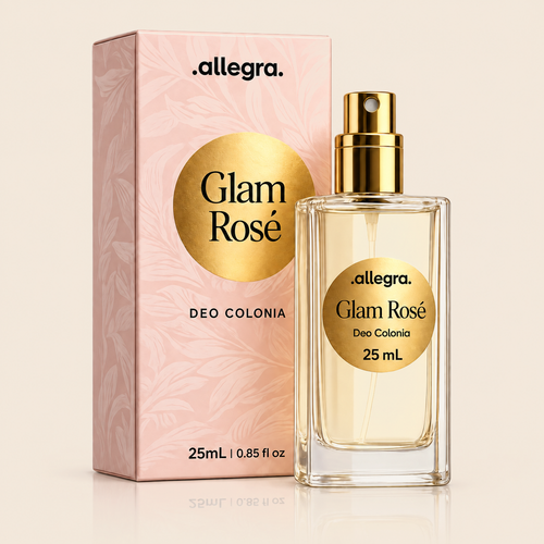 Deo Colônia Glam Rosé Allegra 25 mL com cartucho, fundo bege