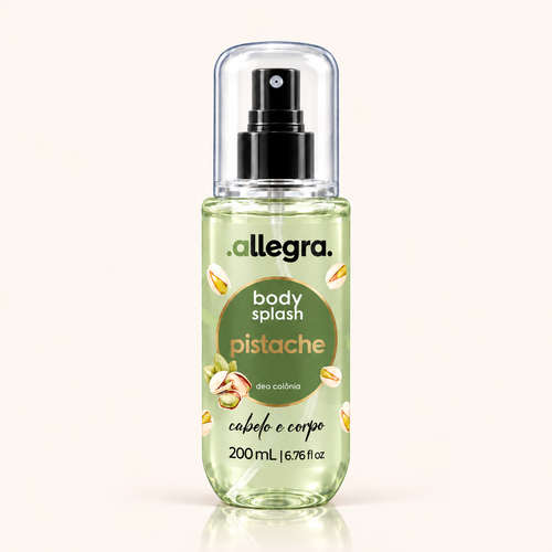 Body Splash Cabelo e Corpo Pistache Allegra 200ml, frasco frontal em fundo neutro