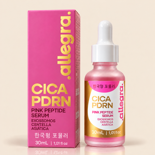Sérum Cica PDRN Pink Peptídeo Allegra 30ml, frasco e cartucho em fundo neutro