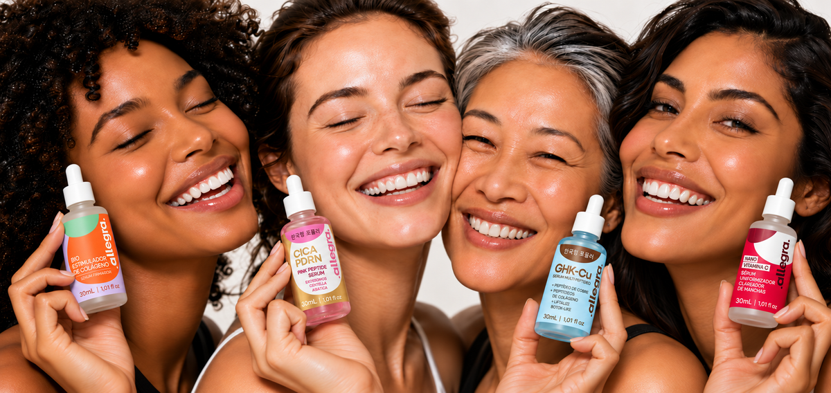 Séruns Allegra Bioestimulador de Colágeno, CICA PDRN, GHK-Cu e Sérum Clareador nas mãos de quatro mulheres sorrindo