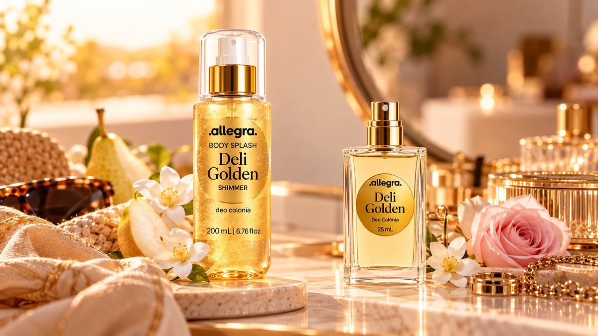 Body Splash Shimmer e Deo Colônia Deli Golden Allegra lado a lado em penteadeira dourada