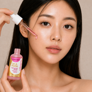 Sérum Cica PDRN Pink Peptídeo Allegra 30ml, modelo aplicando o sérum com conta-gotas
