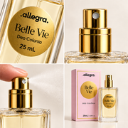 Deo Colônia Belle Vie Allegra 25ml, detalhes da embalagem e da textura