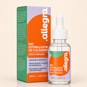 Sérum Bioestimulador de Colágeno Allegra 30ml, frasco e cartucho em fundo neutro