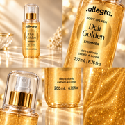 Body Splash Shimmer Deli Golden Allegra 200ml, detalhes da embalagem e da textura