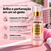 Body Splash Shimmer Glam Rosé Allegra 200ml, card de benefícios