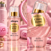 Body Splash Shimmer Glam Rosé Allegra 200ml, detalhes da embalagem e da textura
