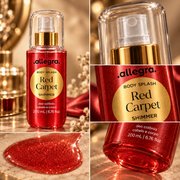 Body Splash Shimmer Red Carpet Allegra 200ml, detalhes da embalagem e da textura