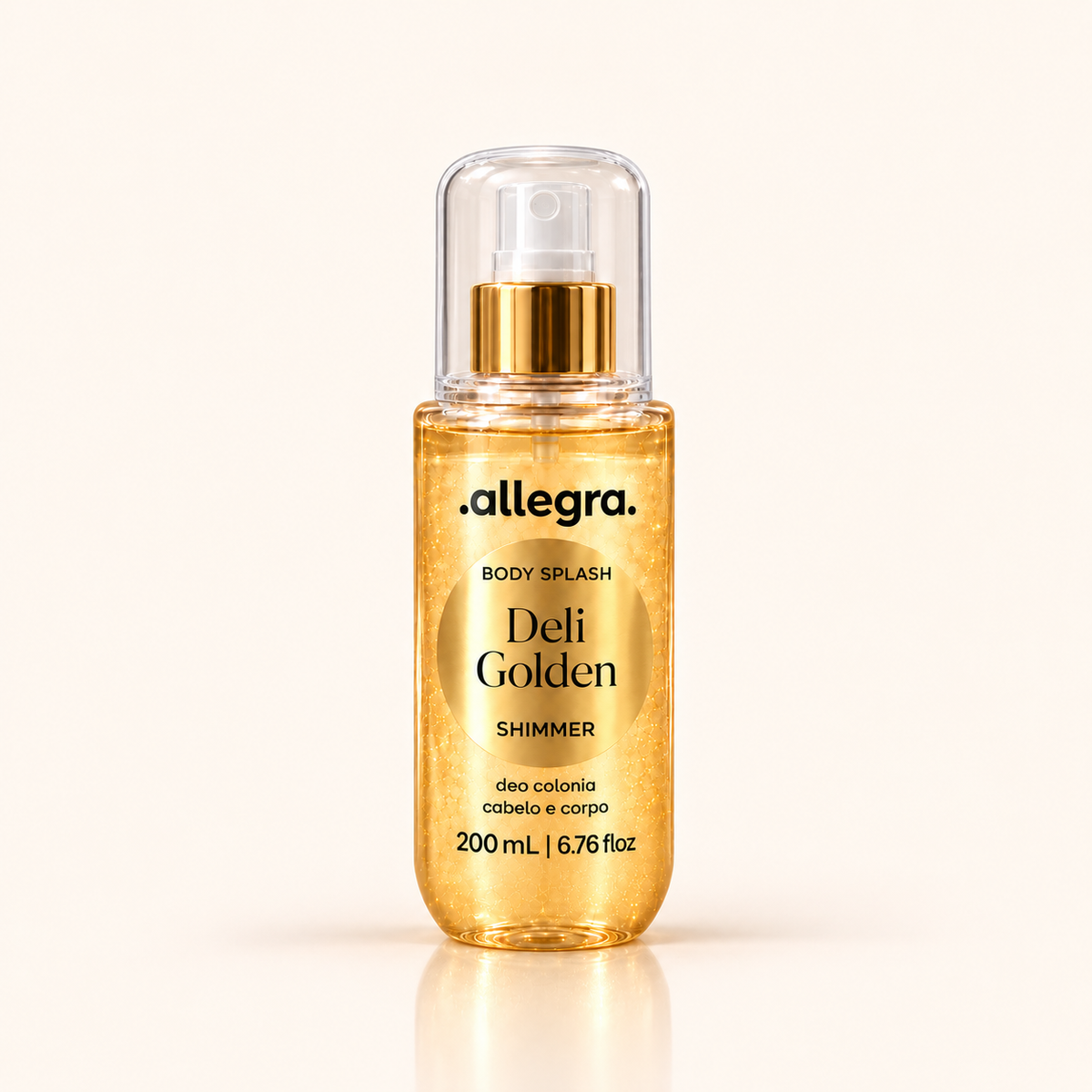 Body Splash Shimmer Deli Golden Allegra 200ml, frasco frontal em fundo neutro