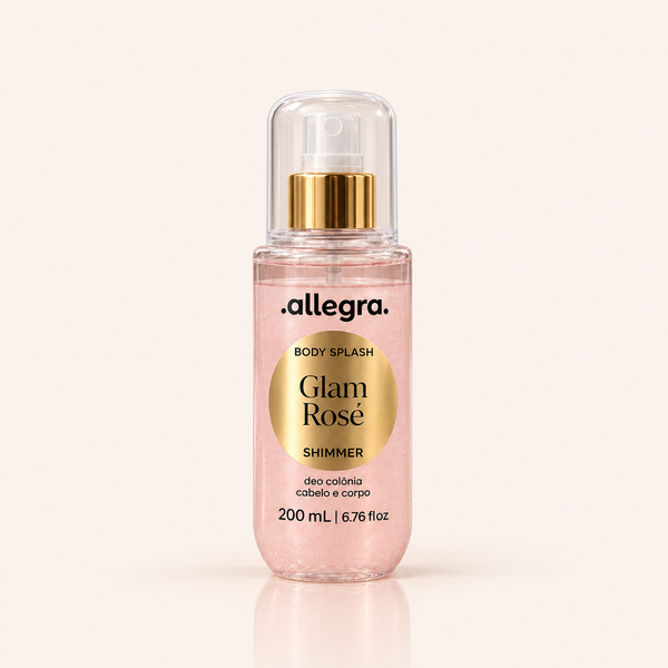 Body Splash Shimmer Glam Rosé Allegra 200ml, frasco frontal em fundo neutro