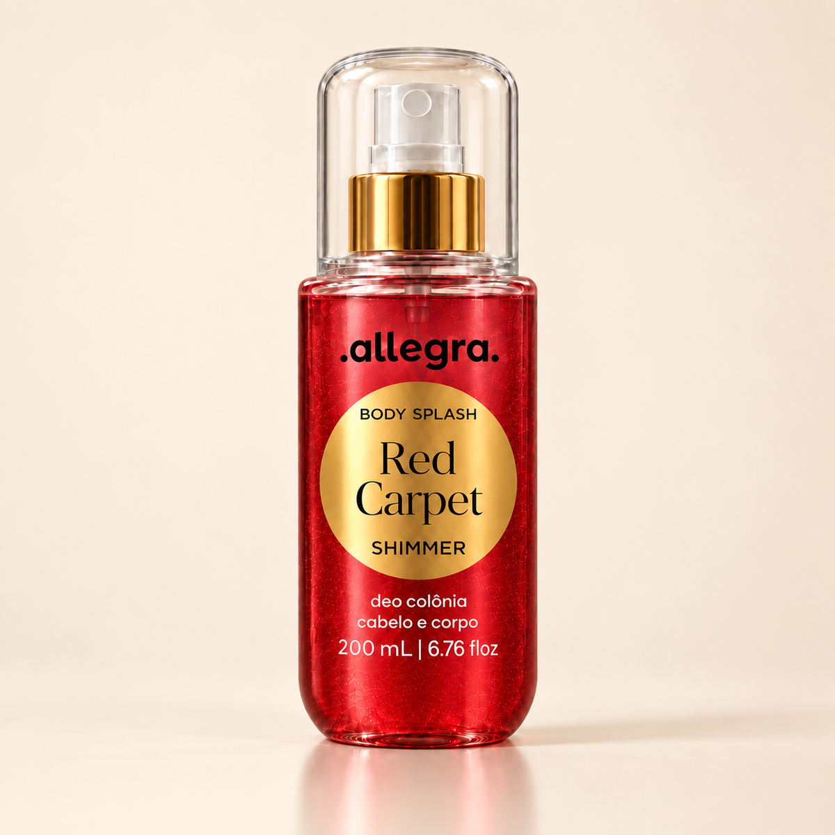 Body Splash Shimmer Red Carpet Allegra 200ml, frasco frontal em fundo neutro