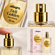 Deo Colônia Deli Golden Allegra 25ml, detalhes da embalagem e da textura