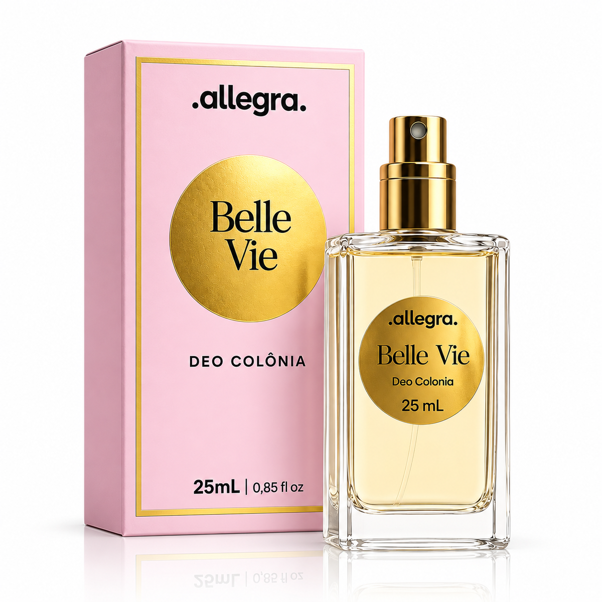 Deo Colônia Belle Vie Allegra 25ml, frasco e cartucho em fundo neutro