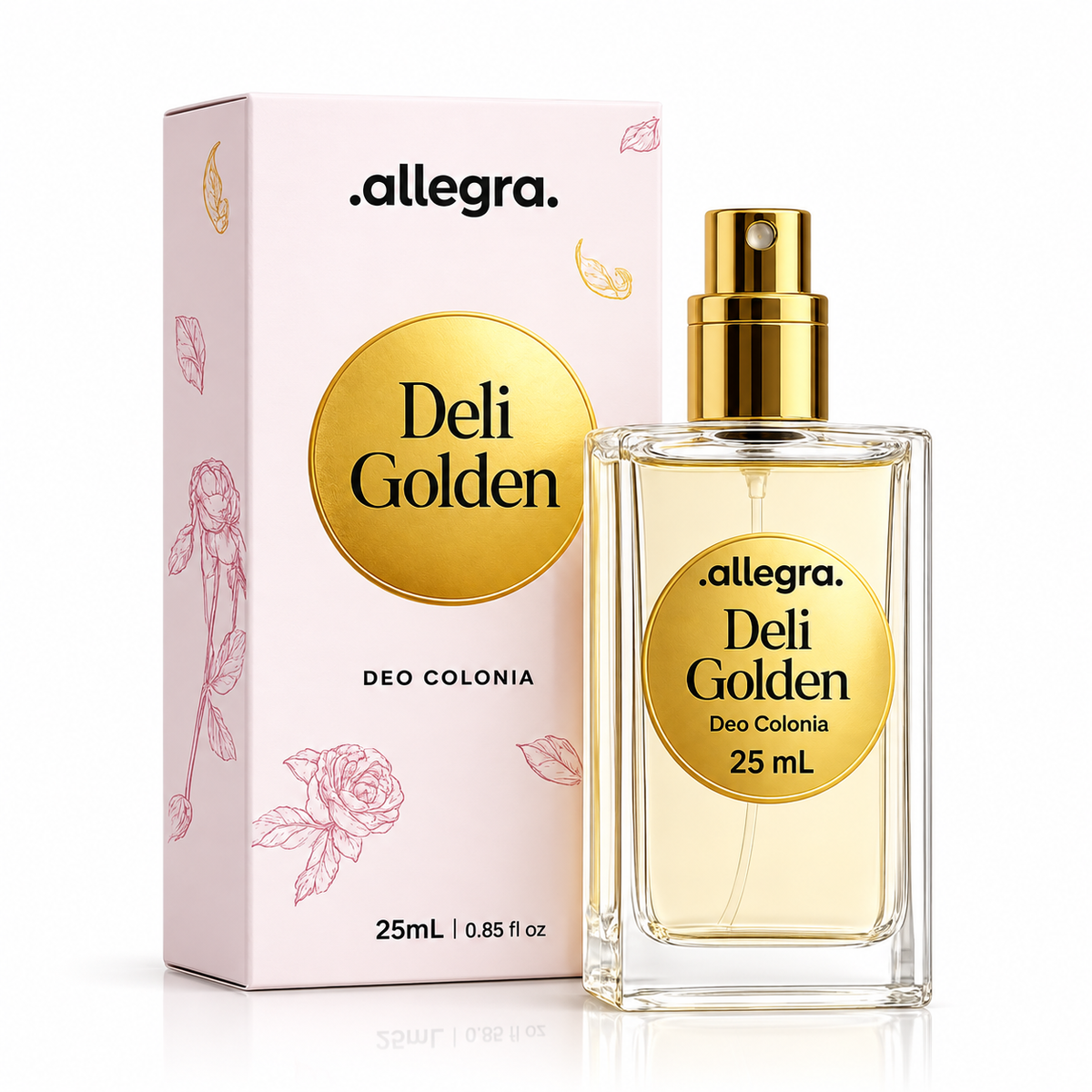 Deo Colônia Deli Golden Allegra 25ml, frasco e cartucho em fundo neutro
