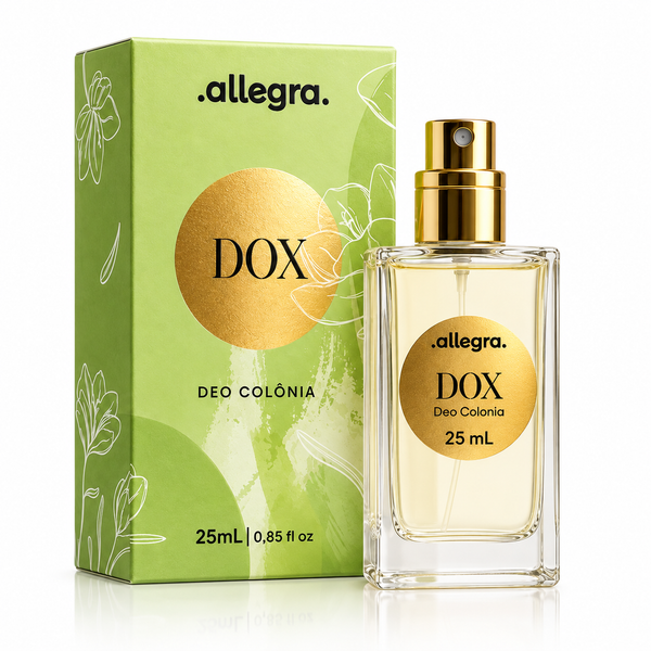 Deo Colônia DOX Allegra 25ml, frasco e cartucho em fundo neutro
