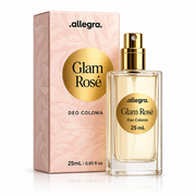Deo Colônia Glam Rosé Allegra 25ml, frasco e cartucho