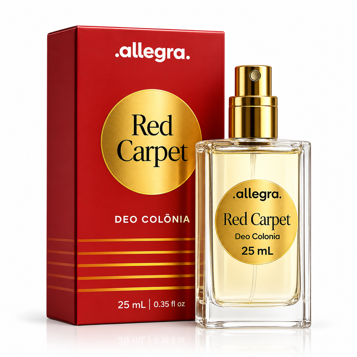 Deo Colônia Red Carpet Allegra 25ml, frasco e cartucho em fundo neutro