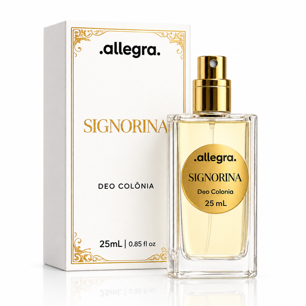 Deo Colônia Signorina Allegra 25ml, frasco e cartucho em fundo neutro