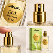Deo Colônia DOX Allegra 25ml, detalhes da embalagem e da textura