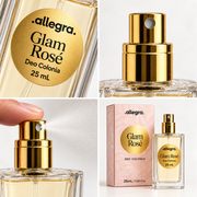 Deo Colônia Glam Rosé Allegra 25ml, detalhes da embalagem e da textura