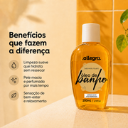 Óleo de Banho Allegra 200ml, card de benefícios