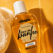 Óleo de Banho Allegra 200ml, detalhes da embalagem e da textura