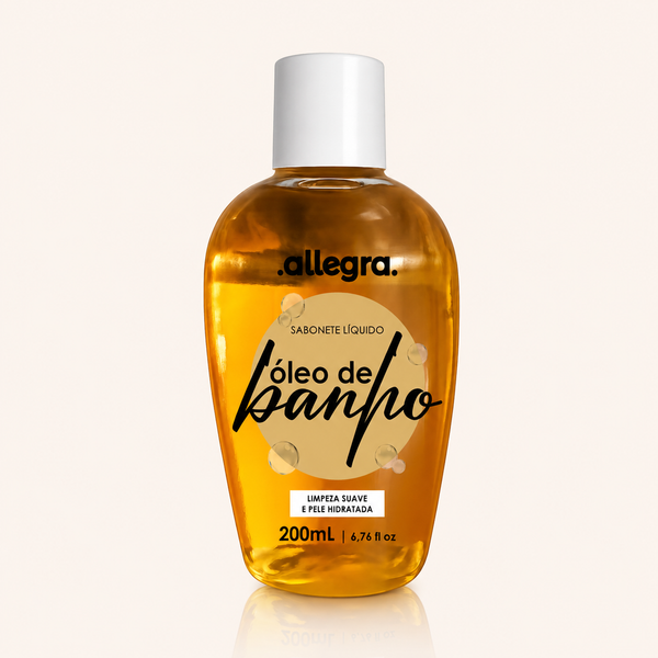 Óleo de Banho Allegra 200ml, frasco frontal em fundo neutro