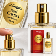 Deo Colônia Red Carpet Allegra 25ml, detalhes da embalagem e da textura