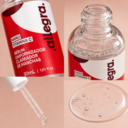 Sérum Uniformizador Clareador de Manchas Allegra 30ml, detalhes da embalagem e da textura