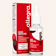 Sérum Uniformizador Clareador de Manchas Allegra 30ml, frasco e cartucho em fundo neutro
