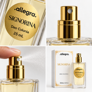 Deo Colônia Signorina Allegra 25ml, detalhes da embalagem e da textura