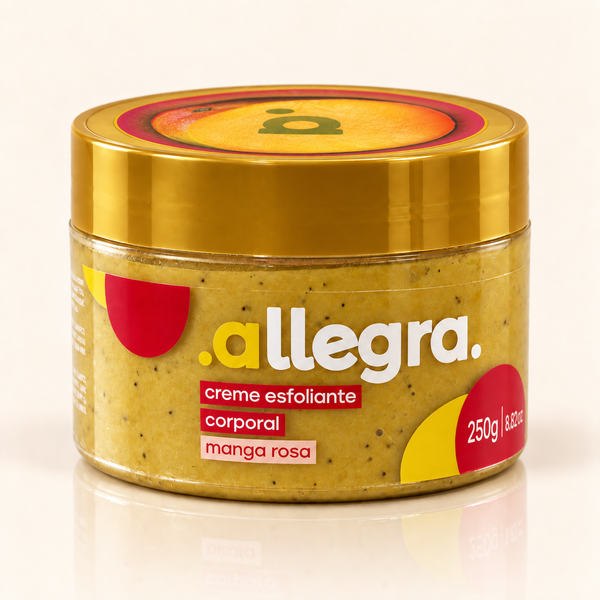 Creme Esfoliante Corporal Manga Rosa Allegra 250g, pote frontal em fundo neutro