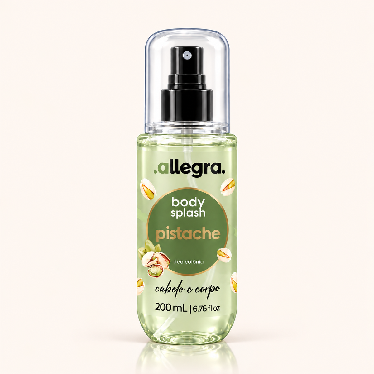 Body Splash Cabelo e Corpo Pistache Allegra 200ml, frasco frontal em fundo neutro