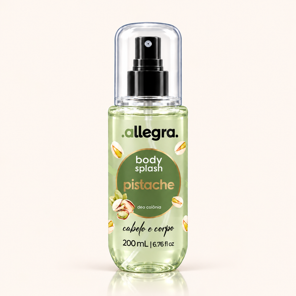Body Splash Cabelo e Corpo Pistache Allegra 200ml, frasco frontal em fundo neutro