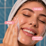 Sabonete Facial Neutro Limpa e Hidrata Allegra 100ml, modelo lavando o rosto com espuma