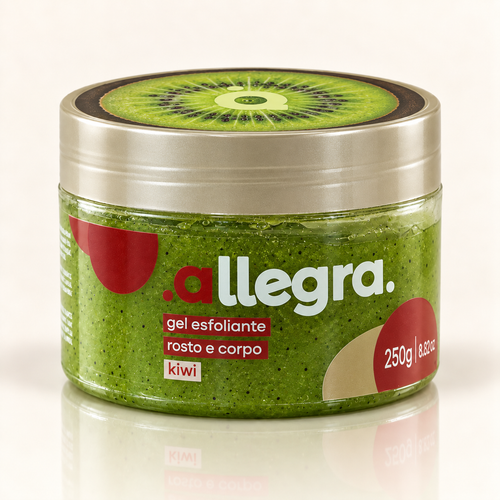 Gel Esfoliante Corpo e Rosto Kiwi Allegra 250g, pote frontal em fundo neutro