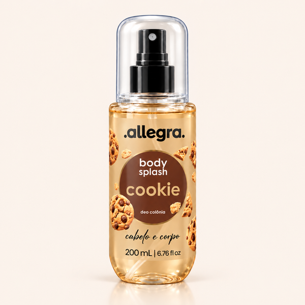 Body Splash Cabelo e Corpo Cookie Allegra 200ml, frasco frontal em fundo neutro
