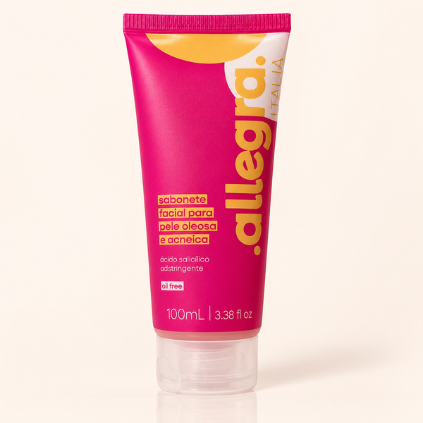 Sabonete Facial para Pele Oleosa e Acneica Allegra 100ml, bisnaga frontal em fundo neutro