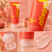Gel Esfoliante Facial Microesferas de Bambu Allegra 100ml, detalhes da bisnaga e da textura