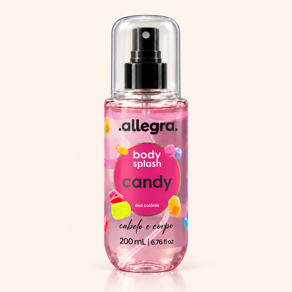 Body Splash Cabelo e Corpo Candy Allegra 200ml, frasco frontal em fundo neutro
