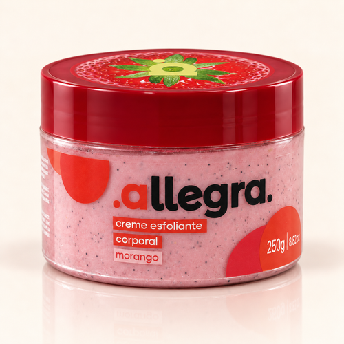 Creme Esfoliante Corporal Morango Allegra 250g, pote frontal em fundo neutro