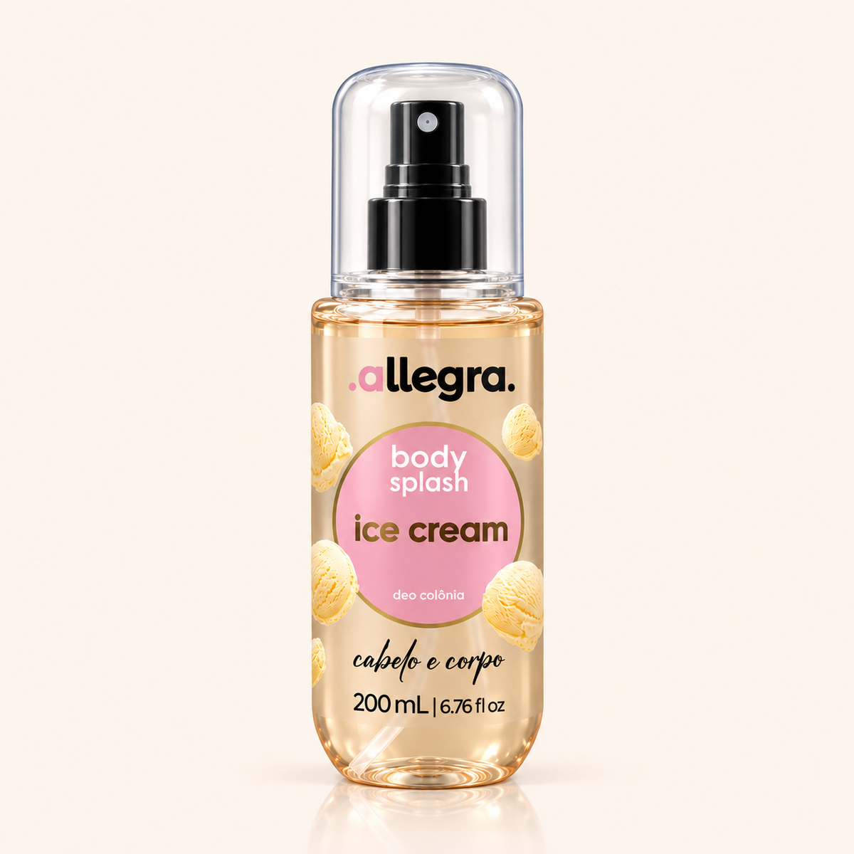 Body Splash Cabelo e Corpo Ice Cream Allegra 200ml, frasco frontal em fundo neutro