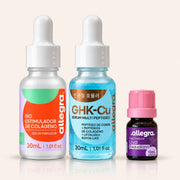 Kit Pele Madura Allegra com Sérum Bioestimulador, Sérum GHK-Cu 30ml e Óleo Uva e Esqualano 10ml, frascos lado a lado em fundo neutro