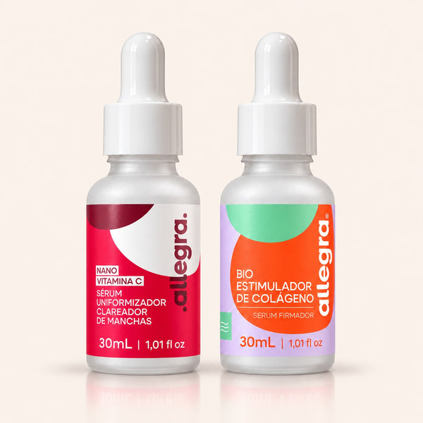Kit Firmeza e Uniformidade Allegra com Sérum Clareador de Manchas e Sérum Bioestimulador 30ml, frascos lado a lado em fundo neutro