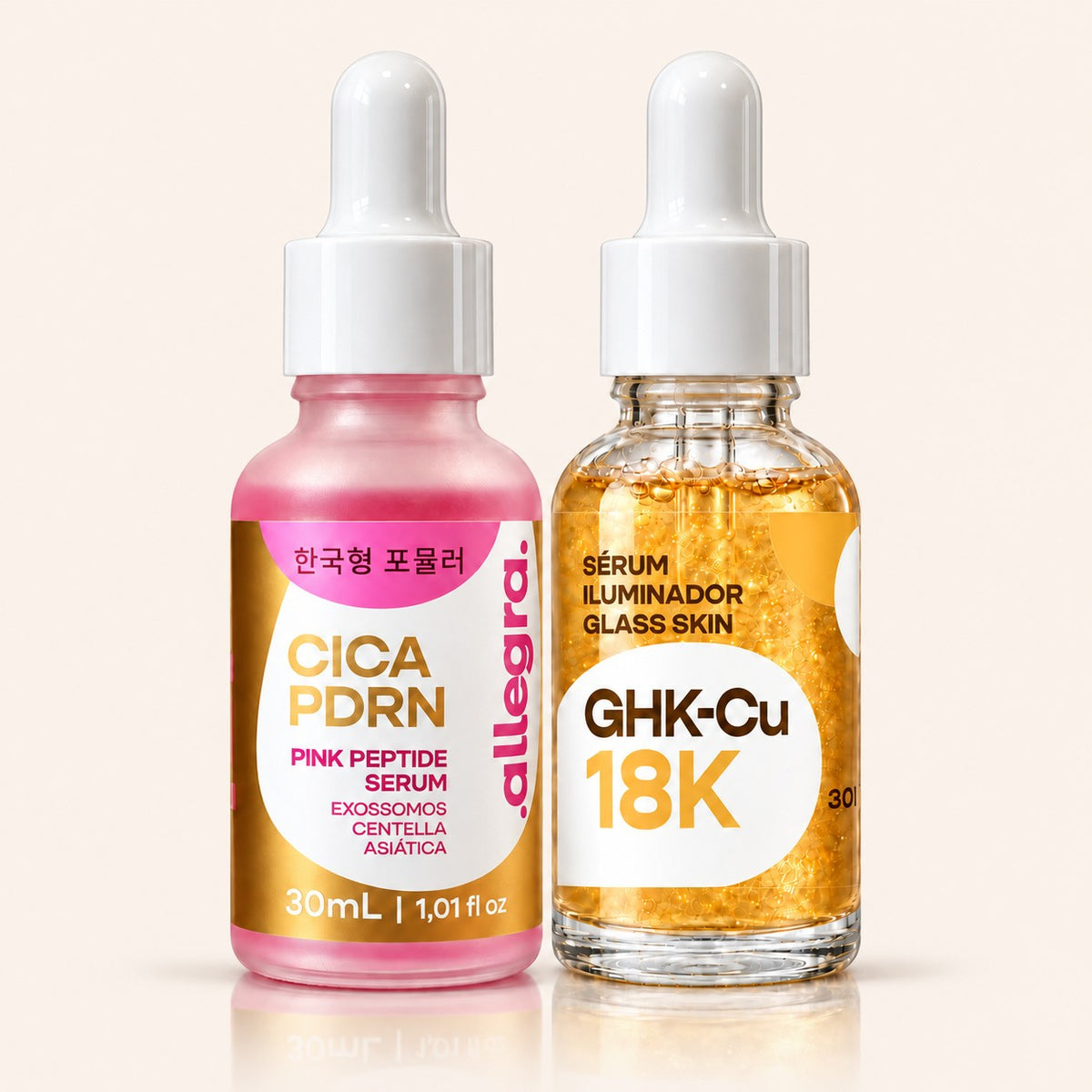 Kit Revitalização e Firmeza Allegra com Sérum Cica PDRN e Sérum Iluminador 18k 30ml, frascos lado a lado em fundo neutro