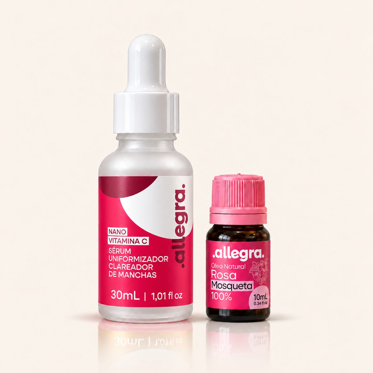 Kit Tom Uniforme e Glow Natural Allegra com Sérum Clareador de Manchas 30ml e Óleo Rosa Mosqueta 10ml, frascos lado a lado em fundo neutro