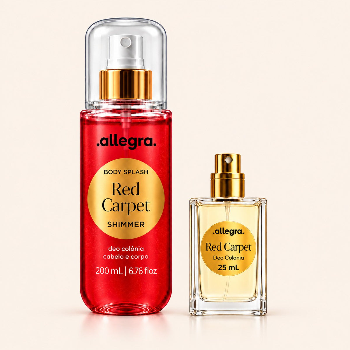Kit Red Carpet Allegra com Body Splash Shimmer 200ml e Deo Colônia 25ml, frascos lado a lado em fundo neutro